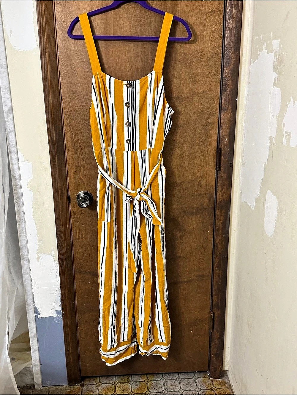 Nine West XXL Wide Leg Striped Rayon Jumpsuit Yellow & White